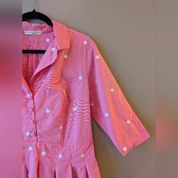 Wayward Fancies Pink Midi Dress with White Polka Dots 16 - Picture 3 of 8